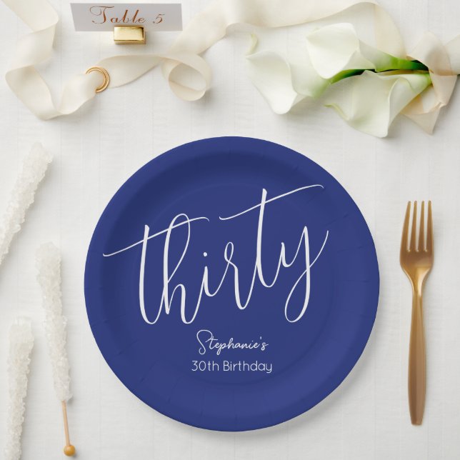 Simply Modern Script Navy Blue 30th Birthday Party Paper Plates (Wedding)
