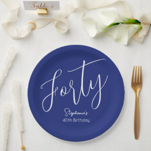 Simply Modern Script Navy Blue 40th Birthday Party Paper Plates