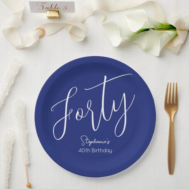 Simply Modern Script Navy Blue 40th Birthday Party Paper Plates (Wedding)