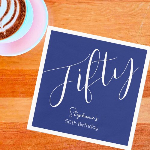 Simply Modern Script Navy Blue 50th Birthday Napkins