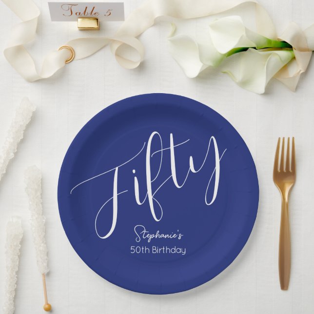 Simply Modern Script Navy Blue 50th Birthday Paper Plates (Wedding)