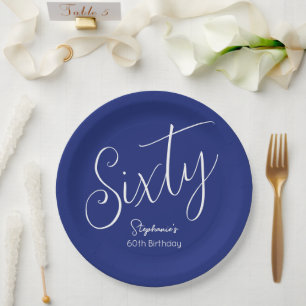 Simply Modern Script Navy Blue 60th Birthday Paper Plates