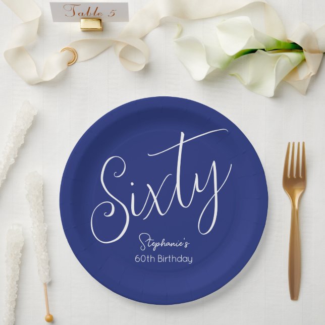 Simply Modern Script Navy Blue 60th Birthday Paper Plates (Wedding)