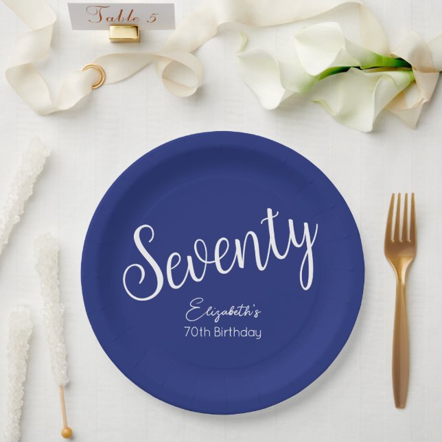 Simply Modern Script Navy Blue 70th Birthday Paper Plates (Wedding)