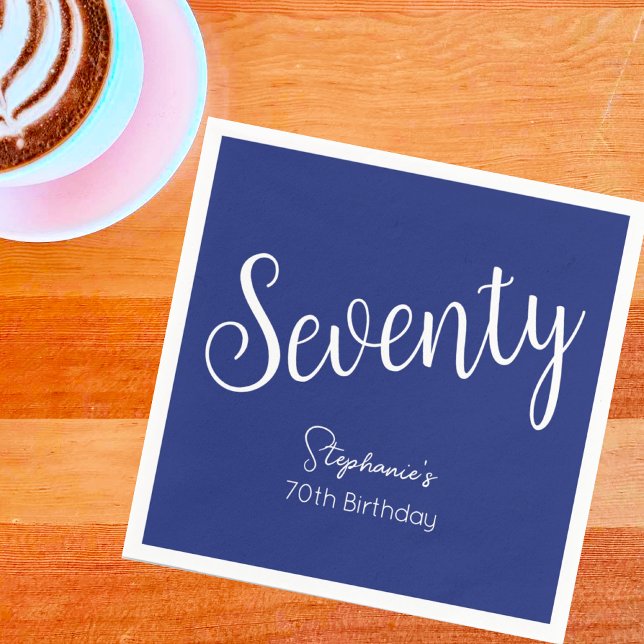 Simply Modern Script Navy Blue 70th Birthday Party Napkins (Creator Uploaded)
