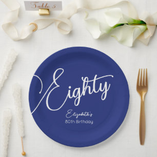 Simply Modern Script Navy Blue 80th Birthday Party Paper Plates