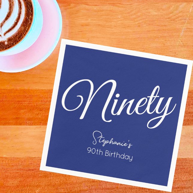 Simply Modern Script Navy Blue 90th Birthday Party Napkins (Creator Uploaded)