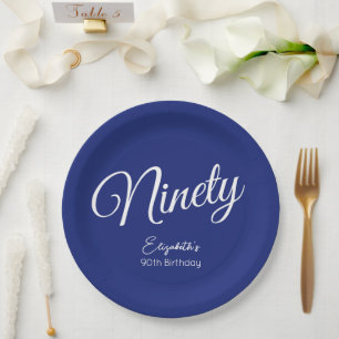 Simply Modern Script Navy Blue 90th Birthday Party Paper Plates