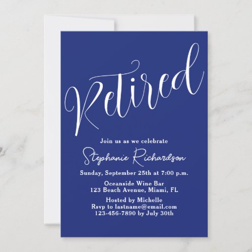 Simply Modern Script Navy Blue Retirement Invitation