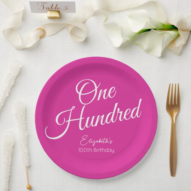 Simply Modern Script Pink 100th Birthday Paper Plates (Wedding)
