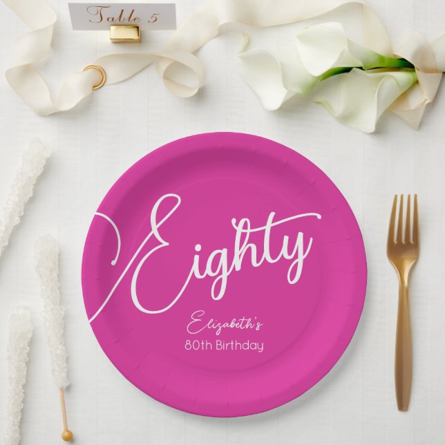 Simply Modern Script Pink 80th Birthday Party Paper Plates (Wedding)