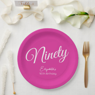 Simply Modern Script Pink 90th Birthday Party Paper Plates