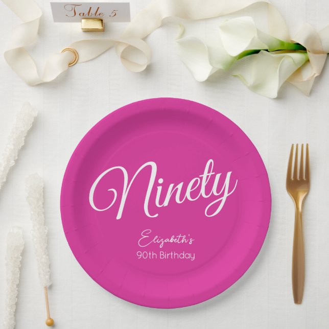 Simply Modern Script Pink 90th Birthday Party Paper Plates (Wedding)