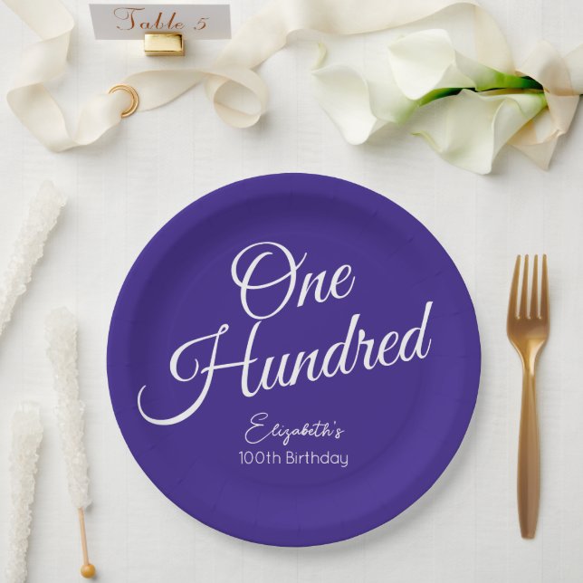 Simply Modern Script Purple 100th Birthday Paper Plates (Wedding)