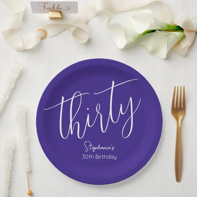 Simply Modern Script Purple 30th Birthday Paper Plates (Wedding)