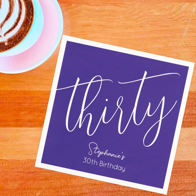 Simply Modern Script Purple 30th Birthday Party Napkins (Creator Uploaded)