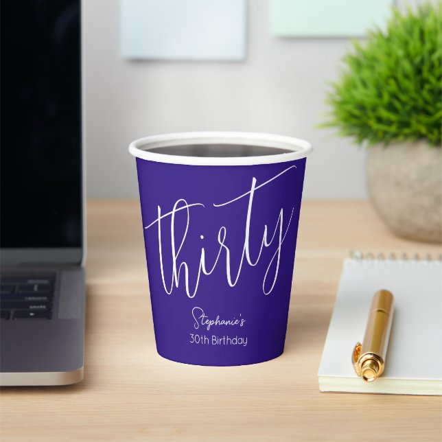 Simply Modern Script Purple 30th Birthday Party Paper Cups (Insitu)