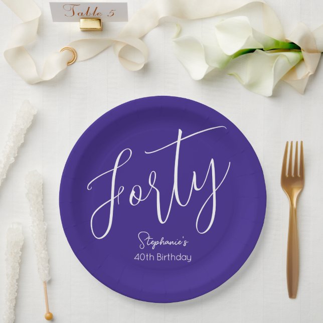 Simply Modern Script Purple 40th Birthday Party Paper Plates (Wedding)