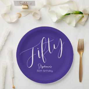 Simply Modern Script Purple 50th Birthday Paper Plates