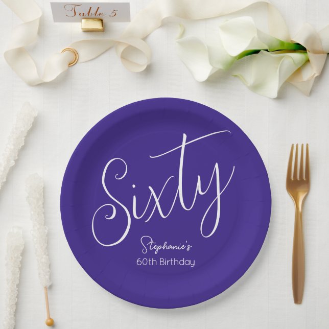 Simply Modern Script Purple 60th Birthday Party Paper Plates (Wedding)