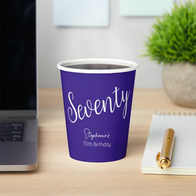 Simply Modern Script Purple 70th Birthday Paper Cups (Insitu)
