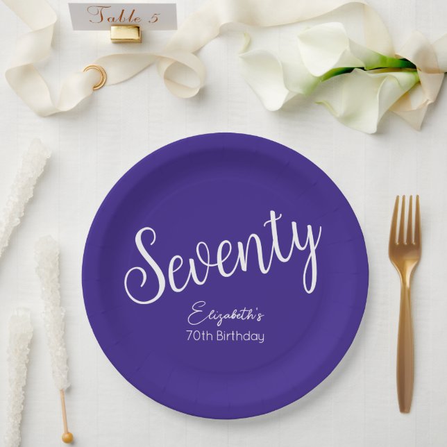 Simply Modern Script Purple 70th Birthday Paper Plates (Wedding)