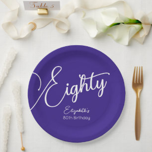 Simply Modern Script Purple 80th Birthday Party Paper Plates