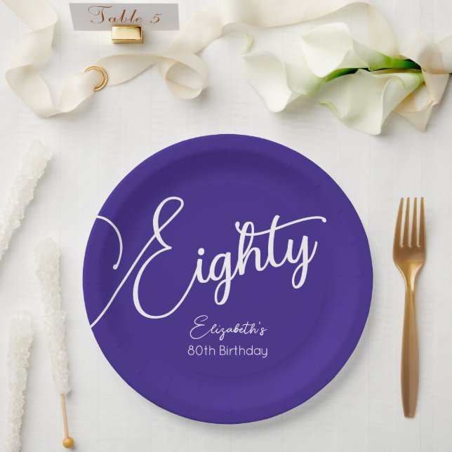 Simply Modern Script Purple 80th Birthday Party Paper Plates (Wedding)
