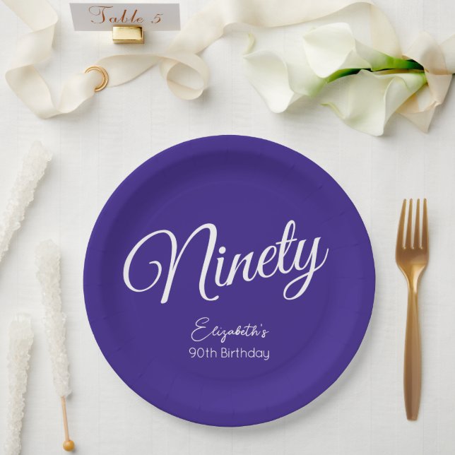 Simply Modern Script Purple 90th Birthday Party Paper Plates (Wedding)