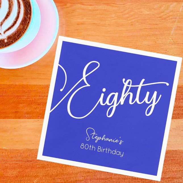 Simply Modern Script Royal Blue 80th Birthday Napkins (Creator Uploaded)