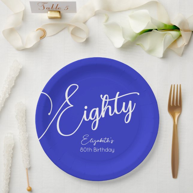Simply Modern Script Royal Blue 80th Birthday Paper Plates (Wedding)