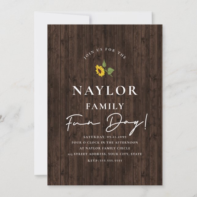 Simply Modern Sunflowers Over Wood Family Reunion Invitation (Front)