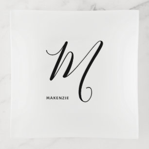 Simply Monogrammed Script Letter M Black & White Trinket Tray