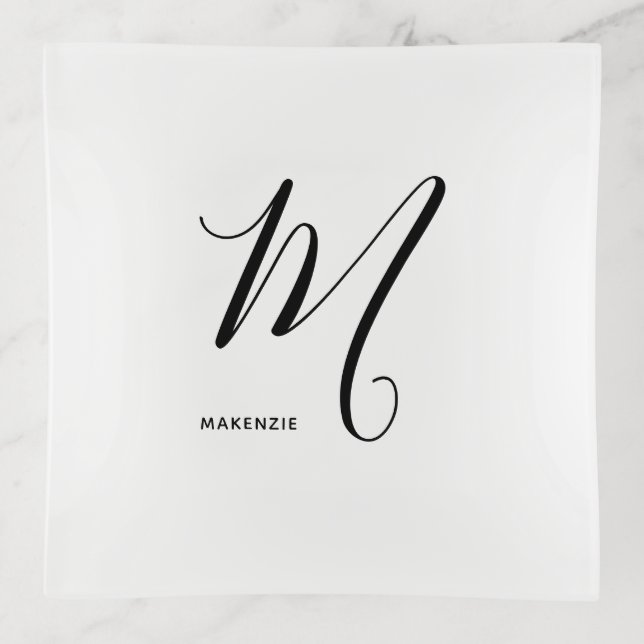 Simply Monogrammed Script Letter M Black & White Trinket Tray (Front)