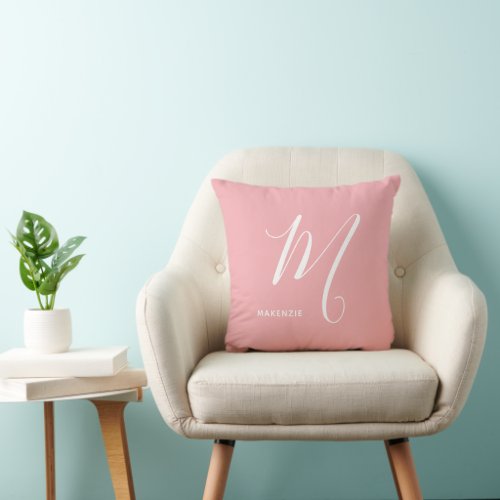 Simply Monogrammed Script Letter M Coral Pink Throw Pillow