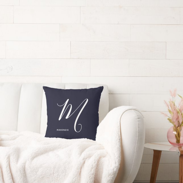 Simply Monogrammed Script Letter M Navy Blue Throw Pillow (Couch)