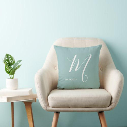 Simply Monogrammed Script Letter M Sea Green Throw Pillow