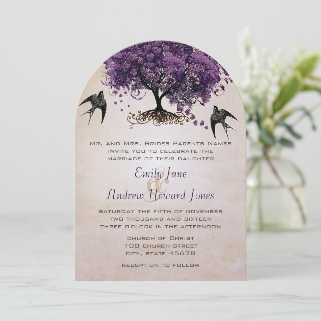 Simply Peachy Purple Heart Leaf Tree Wedding Invitation (Standing Front)