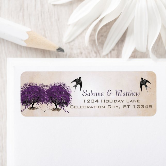 Simply Peachy Purple Heart Leaf Tree Wedding Label (Insitu)