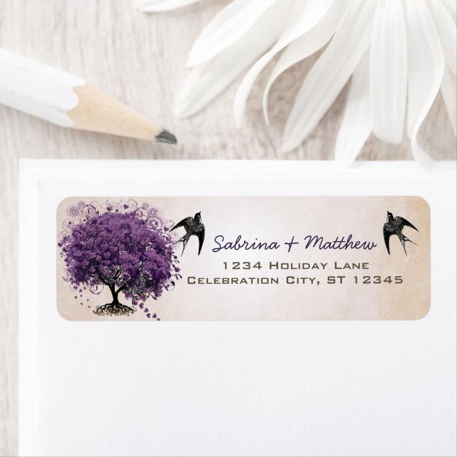 Simply Peachy Purple Heart Leaf Tree Wedding Label (Insitu)