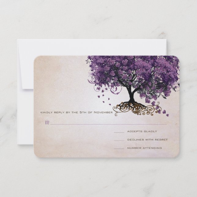 Simply Peachy Purple Heart Leaf Tree Wedding RSVP Card (Front)