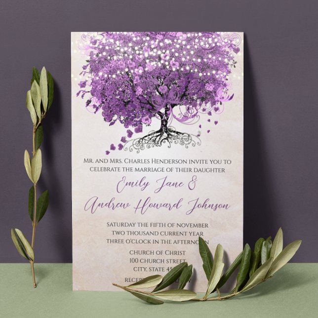 Simply Peachy Purple Romantic Heart Leaf Tree Invitation (Creator Uploaded)