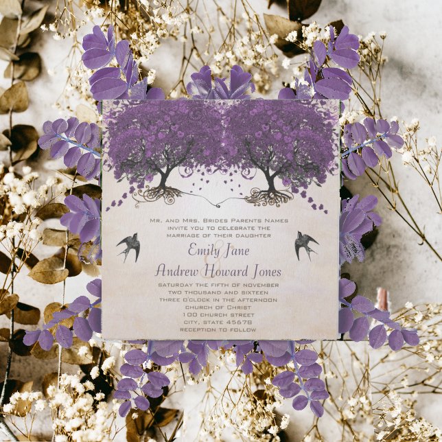 Simply Peachy Purple Vintage Heart Leaf Tree Invitation (Creator Uploaded)