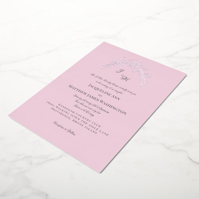 Simply Pink Elegant Vintage Silver Foil Invitation (Rotated)