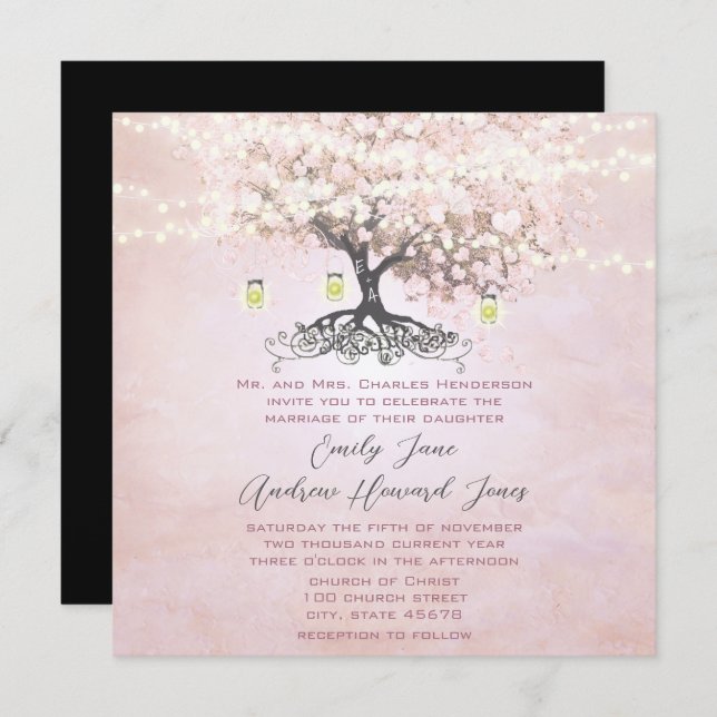 Simply Pink Heart Leaf Tree Forest Grove Wedding Invitation (Front/Back)
