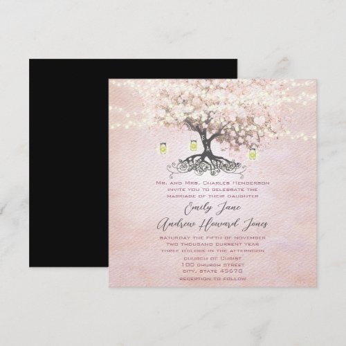 Simply Pink Heart Leaf Tree Love Bird Wedding Invitation