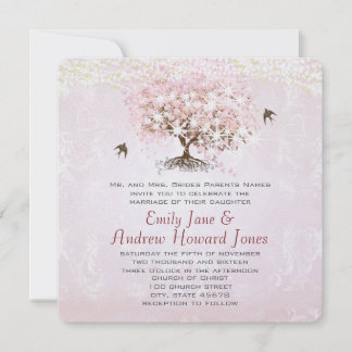 Simply Pink Heart Leaf Tree Love Bird Wedding Invitation