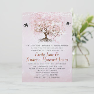 Simply Pink Heart Leaf Tree Love Bird Wedding Invitation