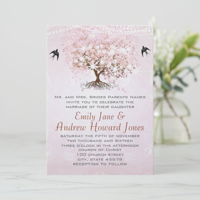 Simply Pink Heart Leaf Tree Love Bird Wedding Invitation (Standing Front)