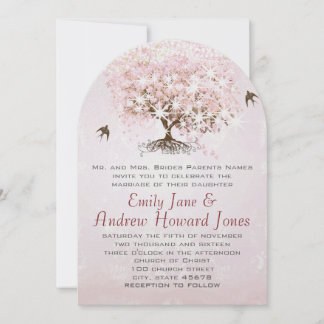 Simply Pink Heart Leaf Tree Love Bird Wedding Invitation
